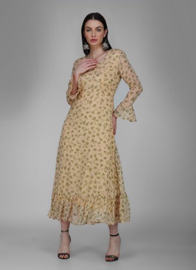 Cream Georgette Printed Bias Cut Dress