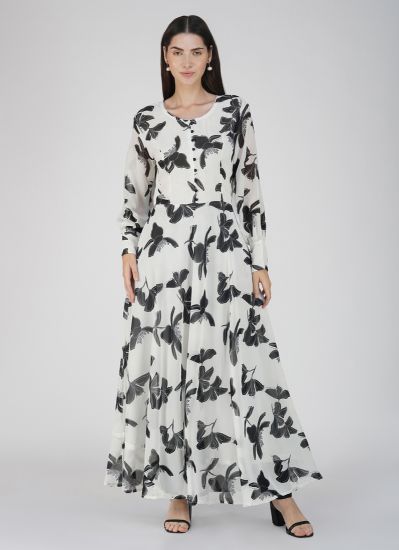 Buy White Printed Georgette Bias Cut Dress