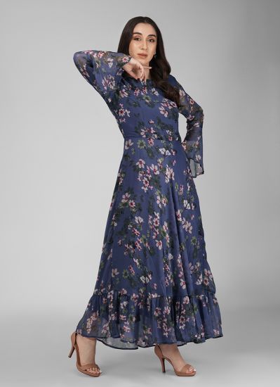 Blue Chiffon Printed Dress