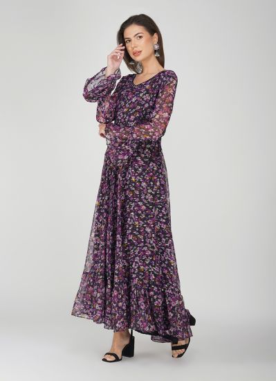 Purple Georgette Lurex V- Neckline Dress