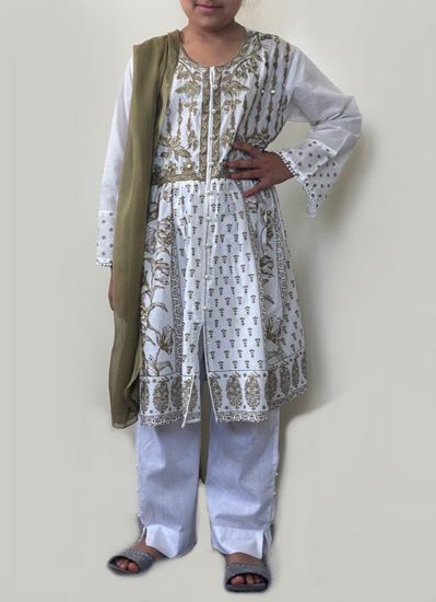 Kids White & Gold Embroidered Suit