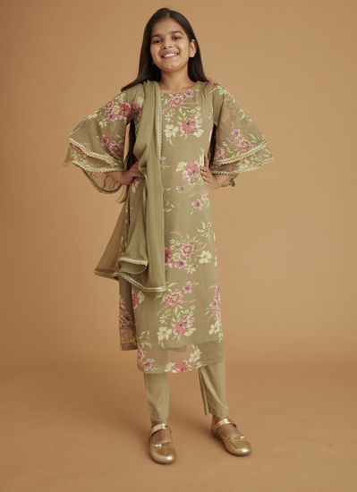 Kids Moss Green Printed Suit Set