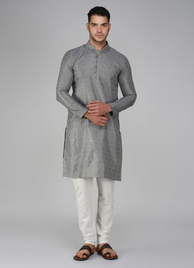 Grey Brocade Band Collar Kurta Pajama Set