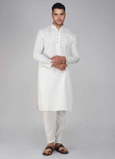 White Brocade With Button Kurta Pajama Set