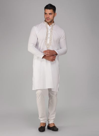 White Embroiderd Cotton Collar Kurta Set