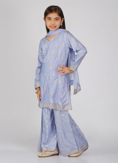 Buy Kids blue Rayon Printed Straight Cut Suit Set