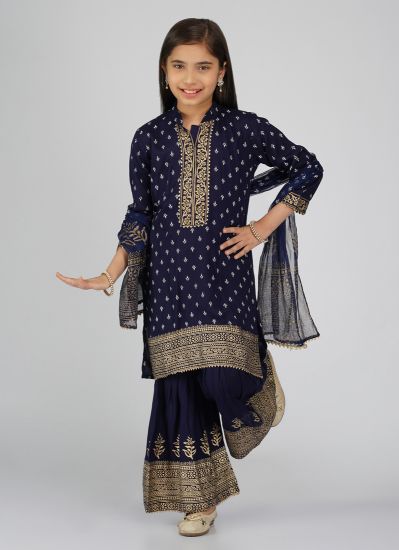 Buy Kids Blue Rayon Printed Gharara Suit Set