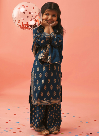 Kids Blue Printed Rayon Gharara Suit Set