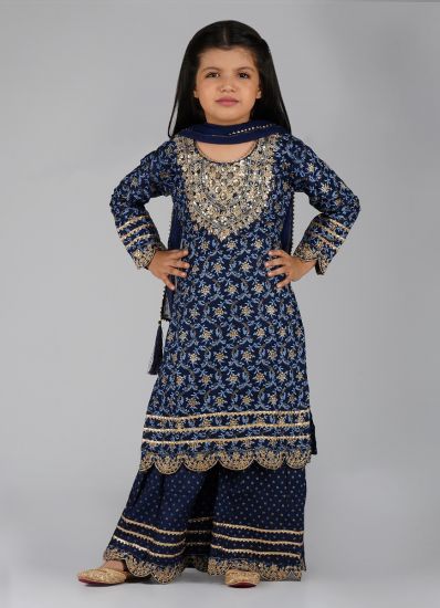 Kids Navy Blue  Rayon Thread Embroidered Shift Suit Set