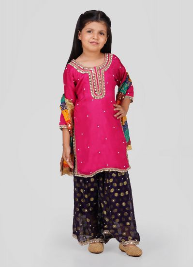 Kids Pink Silk Top Multicoloured Emnroidered Dupatta Suit Set
