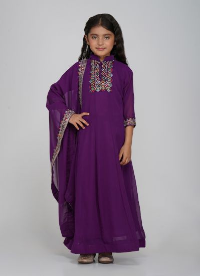 Kids Purple Bias Cut Embroidery Suit Set