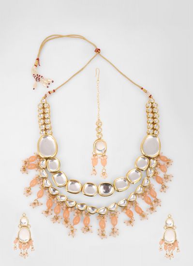 Peach Large Mirror Kundan Necklace Set