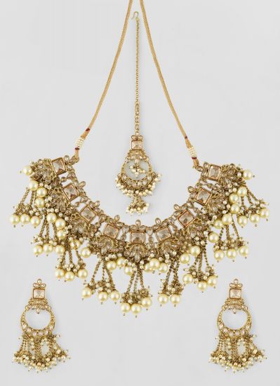 Antique Gold Topaz American Diamond Pearl Necklace Set