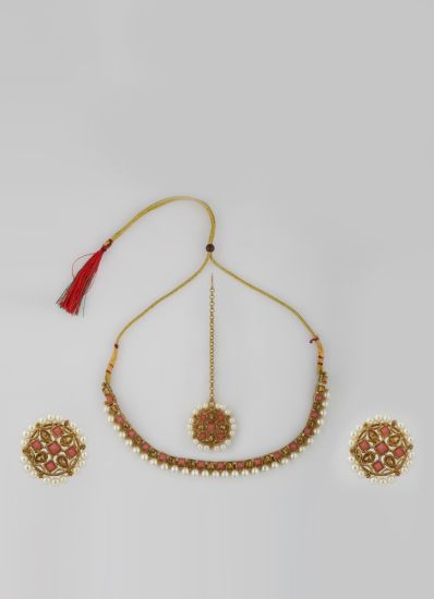 Pink Stone Pearl Necklace Tikka Set