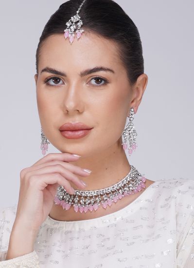 Pink Stone Crystal Pearl Necklace Tikka Set