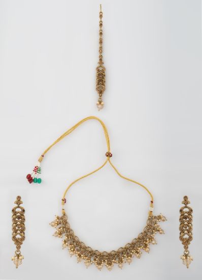 Gold Stone Crystal Pearl Necklace Tikka Set