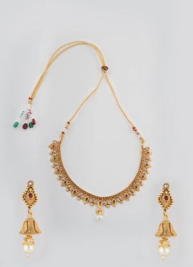 Gold Red Green Stone Necklace Dori Set