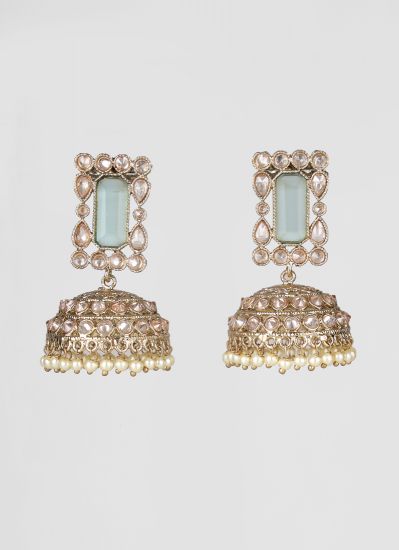 Mint Jhumki American Diamond Glass Beads Earrings