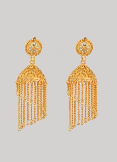 Traditional Gold Pleated Chain Strands Jhumki