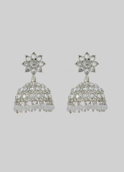 Silver Zircon Crystal Droplets Jhumki Earrings