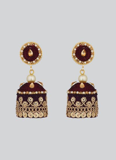 Maroon Threadwork With Lace Earrings