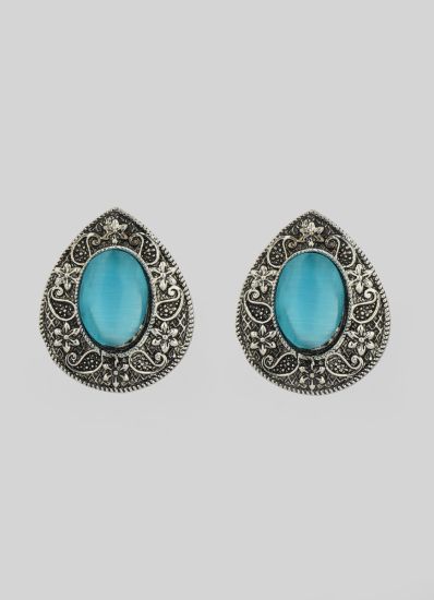 Silver Oxidised Blue Stone Earrings