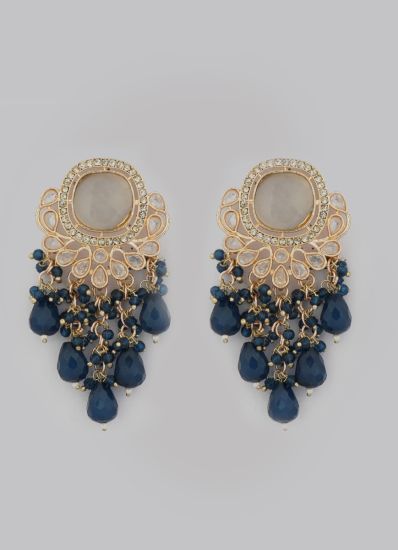 Navy Blue Diamonte Pearl Jumki Earrings