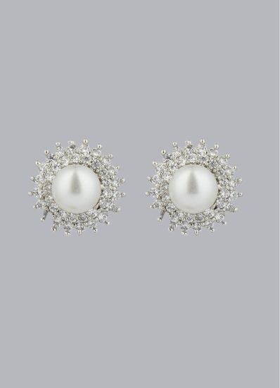 Silver Pearl Diamonte Stud Earrings