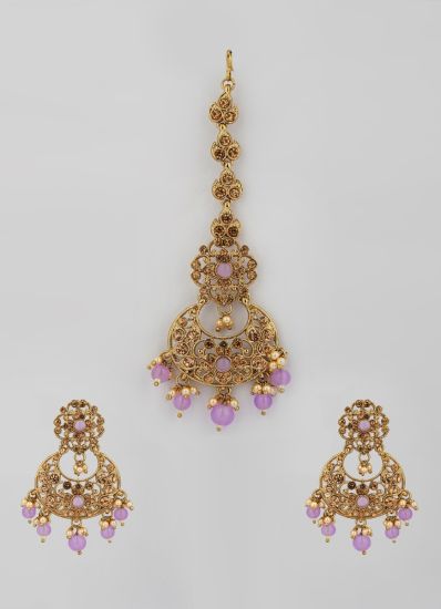 Lilac Crystal Pearl Earring and Tikka Set