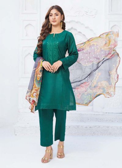 Dark Green Linen Resham work Pakistani Suit with Trouser