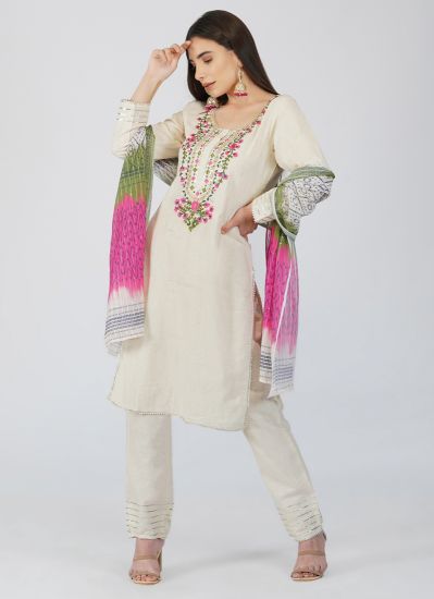 Beige Printed Straight Cut Suit Set With Pink Colour Embroidery