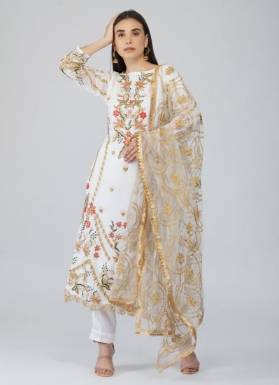 White Multi colour Embroidered Straight Cut Suit Set
