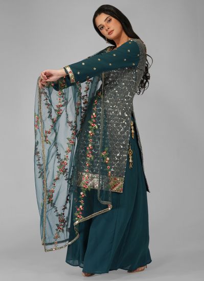 Turquoise Georgette Sequins Ladies Suit with Sharara & Dupatta