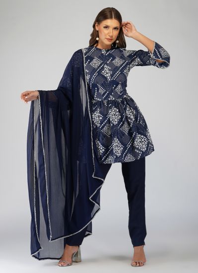 Blue Crepe Peplum Ladies suit with Trouser & Dupatta