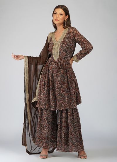 Brown Georgette Printed Suit With Gharara & Dupatta