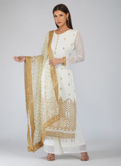 Off-White Georgette Ladies Suit With Sharara & Dupatta