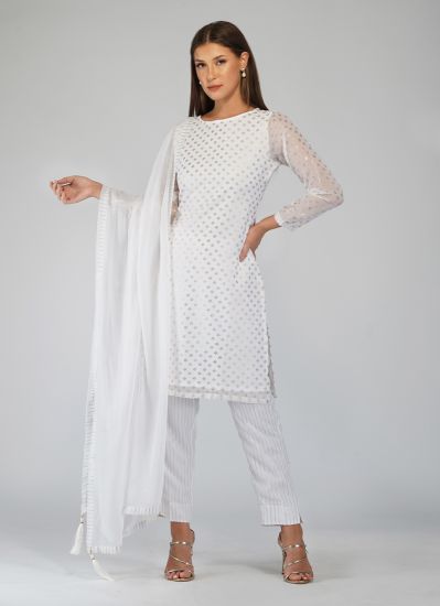 White Foil Printed Suit With Trouser & Dupatta