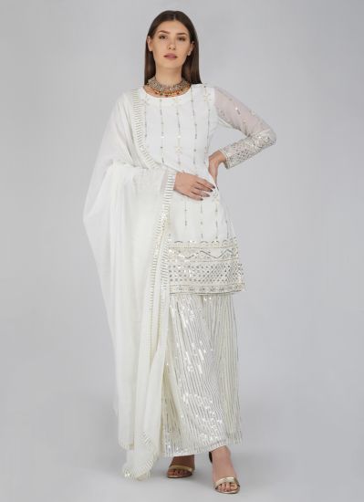 Buy White Georgette Embroidered Shift Style Gharara Suit Set