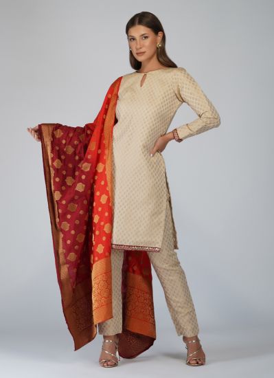 Jacquard Ivory Banarasi Ladies Suit With Trouser & Dupatta