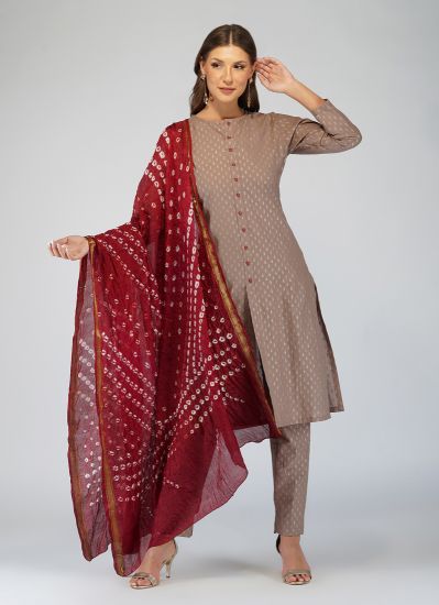 Brown Cambric Foil Printed Suit with Trouser & Bandhani Dupatta