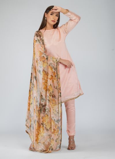 Peach Dupion Printed Suit With Pants & Dupatta