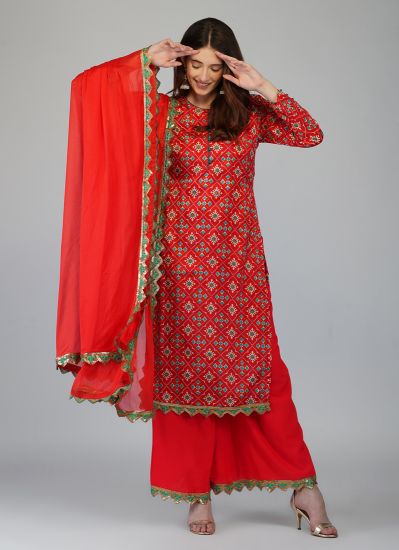 Buy Red Chinon Printed Suit With Palazzo & Chiffon Dupatta