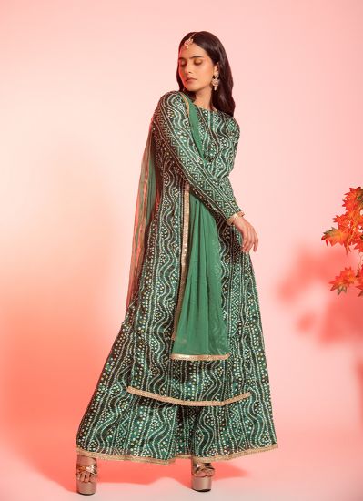Buy Green Chinon Bandhani Indian Suit with Palazzo & Dupatta