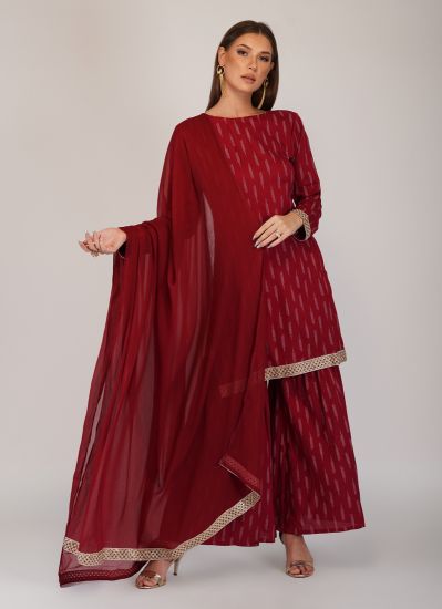 Buy Red Rayon Printed Indian Suit With Gharara & Dupatta