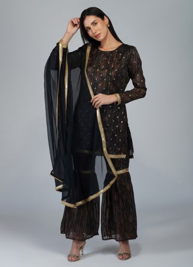Buy Brown Georgette Lurex Indian Suit with Gharara & Dupatta