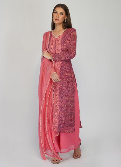 Buy Pink Georgette Printed Indian Suit with Palazzo & Dupatta