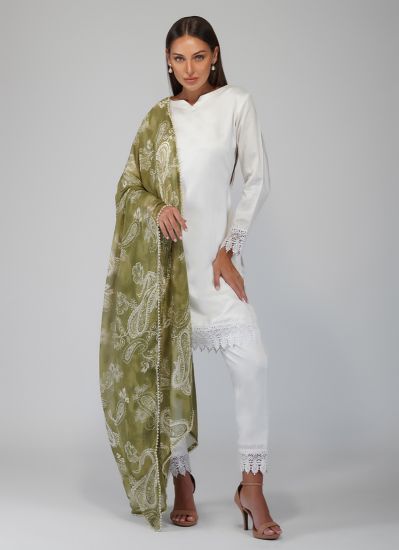 Buy White Dupion Crochet Indian Suit with Trouser & Dupatta