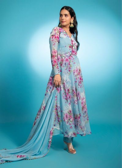Buy Light Blue Georgette Printed Suit With Trouser & Dupatta
