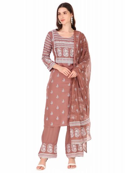 Buy Mouse Brown Rayon Indian Suit With Palazzo & Dupatta