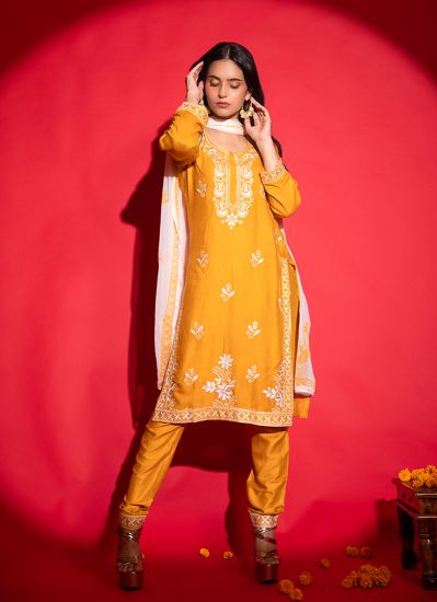 Buy Yellow Rayon Chikankari Indian Suit With Palazzo & Dupatta